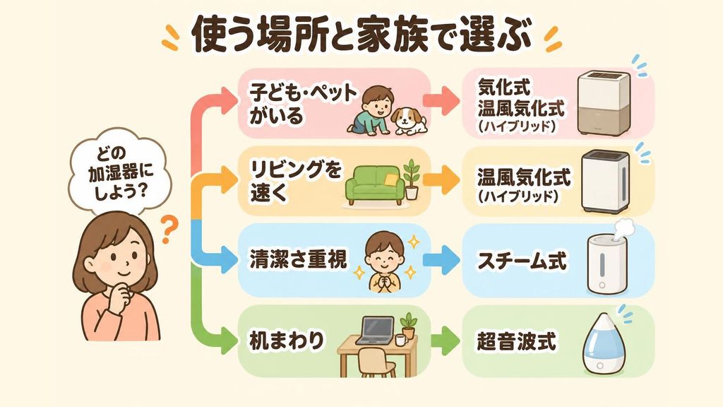 加湿器の方式の選び方を示したフローチャート風のイラスト。小さな子どもやペットがいる家は水が熱くならない気化式や温風気化式のハイブリッド式へ、リビングを速く加湿したいなら温風気化式のハイブリッド式へ、清潔さ重視で子どもが近づかない部屋ならスチーム式へ、毎日の水替えができる人の机まわりなら超音波式へ、と矢印で分かれている