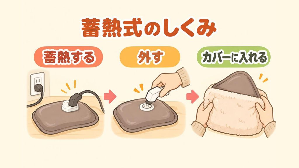 蓄熱式の充電式湯たんぽの仕組みを表したイラスト。水の入った本体に蓄熱アダプタをつないでコンセントから温め、温まったらアダプタを外して保温カバーに入れて使う流れを左から順に示している