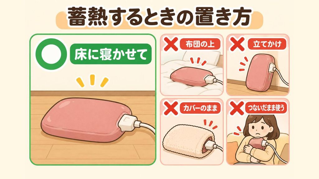 充電式湯たんぽの正しい蓄熱方法と間違った蓄熱方法を比べたイラスト。水平な床の上に寝かせて蓄熱する様子に丸印、布団の上での蓄熱、壁に立てかけての蓄熱、保温カバーに入れたままの蓄熱、蓄熱プラグをつないだまま抱えて使う様子にバツ印をつけている