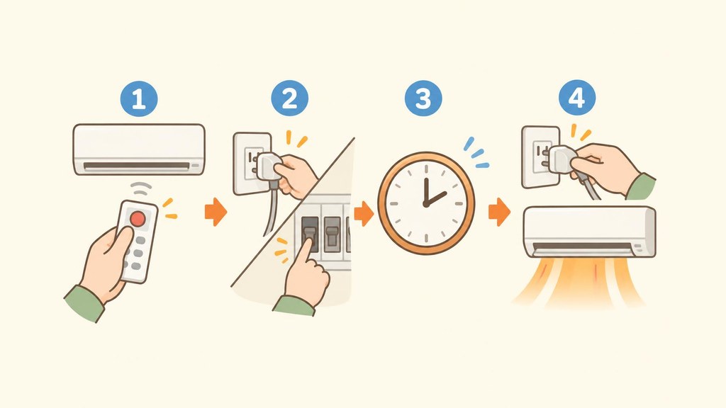エアコンのリセットの流れを左から順に並べたイラスト。リモコンで運転を止める、乾いた手で電源プラグの本体を持って抜く(または分電盤のエアコン専用ブレーカーを切る)、時計の絵で少し待つ、プラグを差し直して運転を始める