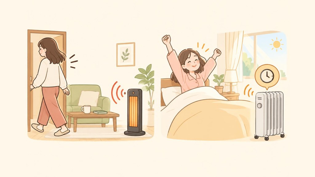 遠赤外線ヒーターの前に座っていた人が席を立って部屋を出ていくと、ヒーターのセンサーが人がいないことに気づいて運転を弱め、やがて止まる様子と、隣に置かれたタイマーつきのオイルヒーターが朝起きる前から部屋を暖めている様子を並べたイラスト