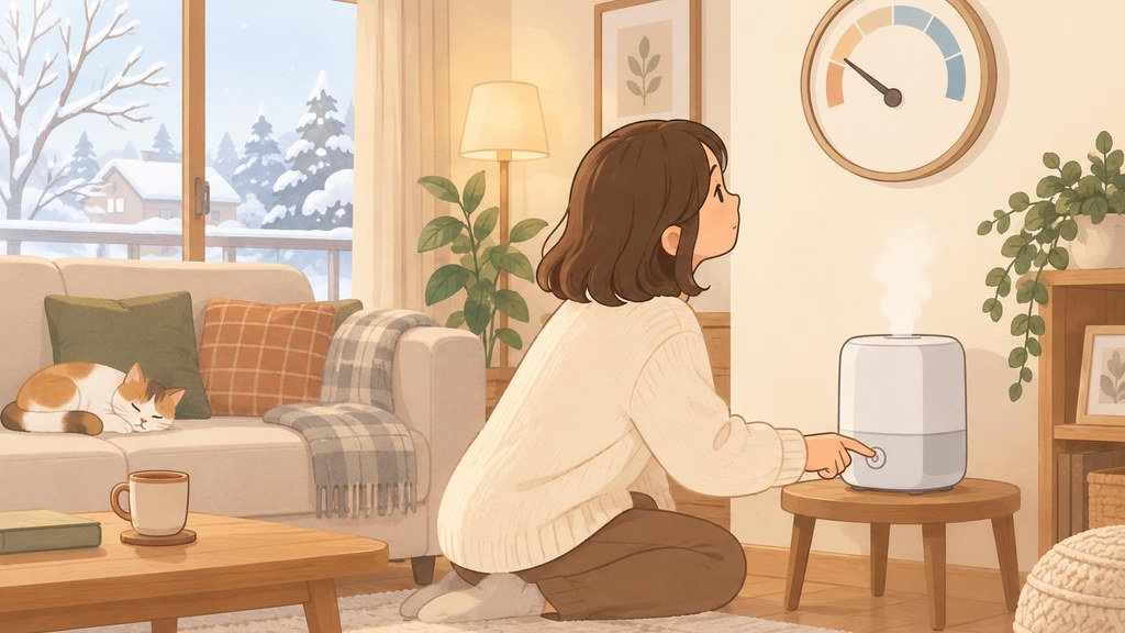 暖房をつけたリビングの壁に掛けた湿度計の針が低いほうを指しているのを、住人が見て加湿器のスイッチを入れようとしている様子のイラスト。窓の外は冬の景色