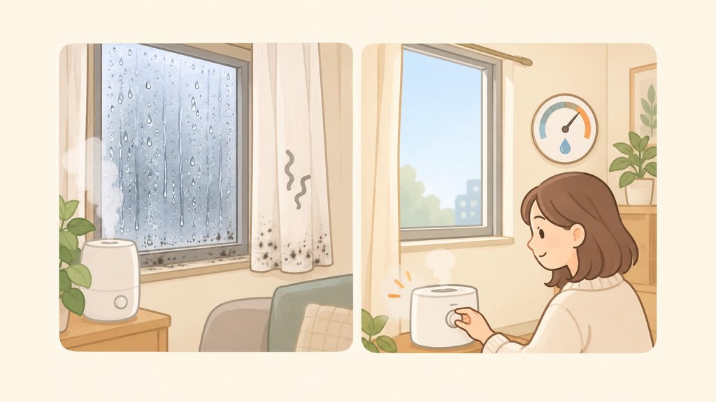 加湿器を強く運転し続けた冬の部屋で、窓ガラスに水滴がびっしりつき、窓枠やカーテンの裾に黒いカビの点が出ている様子と、加湿器の運転を弱めて湿度計を確認している様子を左右に並べたイラスト