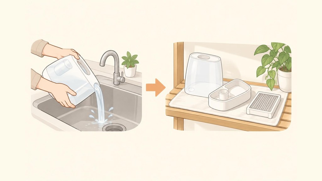 使い終わった加湿器のタンクと本体に残った水を流しに捨て、取り外したタンク・トレー・フィルターを風通しのよい日陰に並べて乾かしてから、ごみに出す準備をしている様子のイラスト