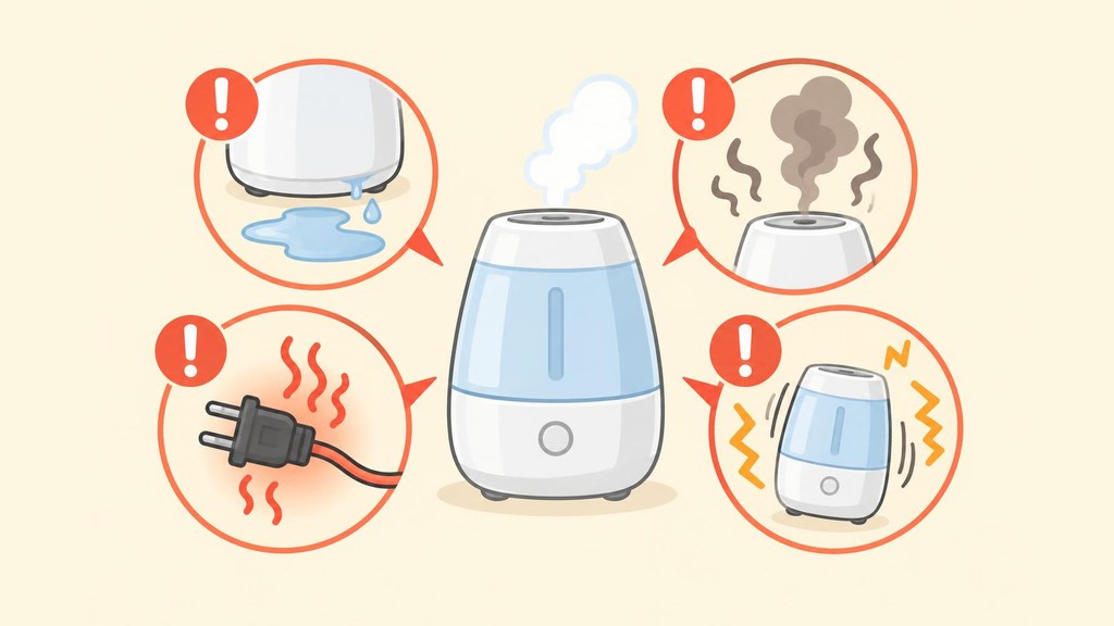 本体からの水漏れ・こげくさいにおい・電源コードやプラグの異常な熱さ・運転中の大きな異音や激しい振動など、加湿器の使用をやめて点検を頼むべきサインをチェックリスト風に並べたイラスト
