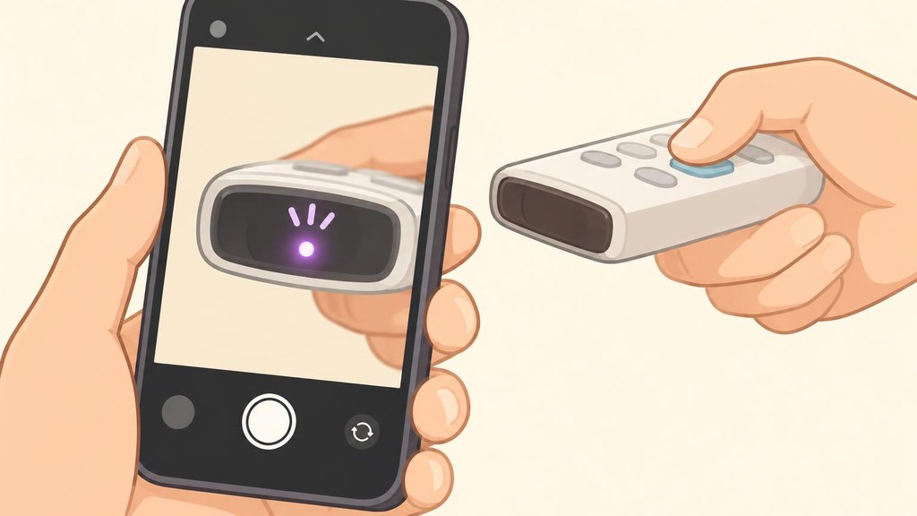 スマートフォンのカメラ画面越しにエアコンのリモコンの先端を映し、ボタンを押すとリモコンの先端が小さく紫っぽく光って見える様子のイラスト