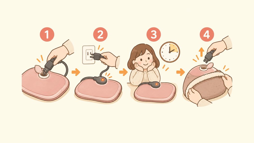 充電式湯たんぽの蓄熱の手順を左から順に並べたイラスト。床の上に平らに置いた湯たんぽの差込口のふたを開ける、蓄熱アダプターのプラグを奥まで差し込む、電源プラグをコンセントに差してランプが点灯する、そばで待つ、ランプが消えたらプラグを抜いて保温カバーに入れる流れを示している