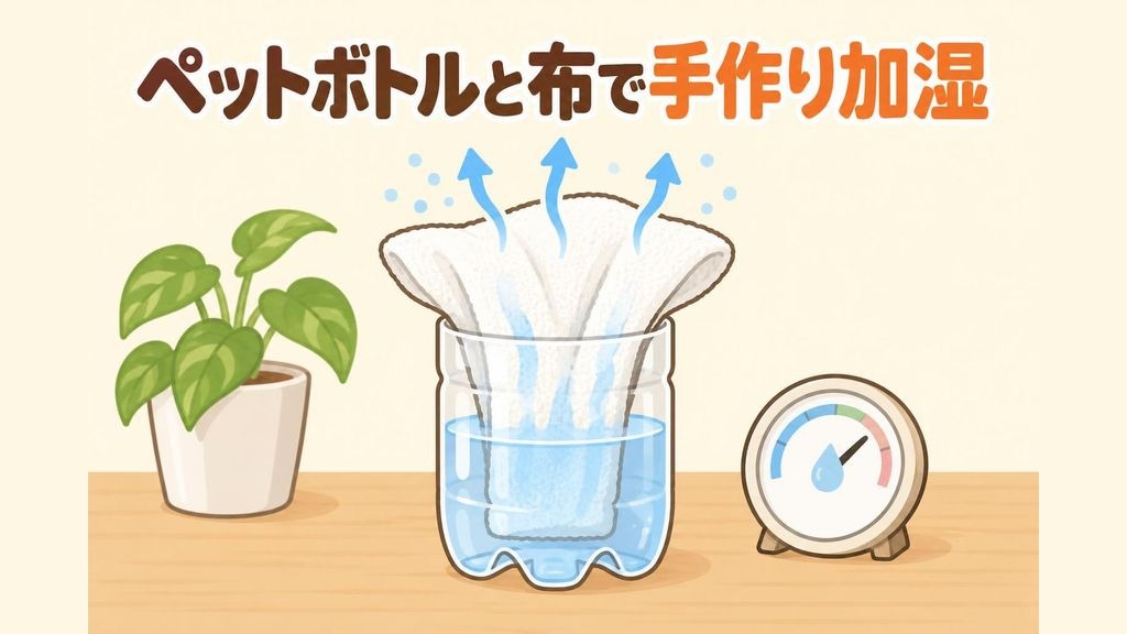 上部を切ったペットボトルに水を入れ、折りたたんだタオルやキッチンペーパーの下の端を水にひたし、上の部分を外に広げて水を吸い上げさせた手作り加湿器を、机の上で使っている様子のイラスト。横に湿度計が置かれている
