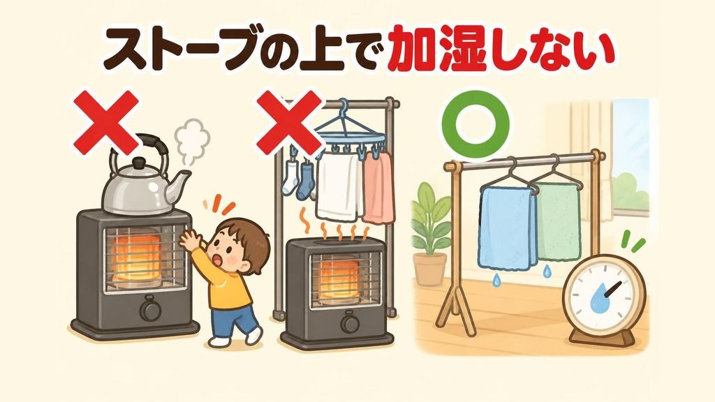 石油ストーブの上にやかんを置いている様子と、ストーブの上に洗濯物を干している様子にそれぞれバツ印をつけ、その横に、ストーブから離れた場所でハンガーに掛けた濡れタオルと湿度計に丸印をつけて比べたイラスト。ストーブのそばにはベビーゲートのような柵が描かれている
