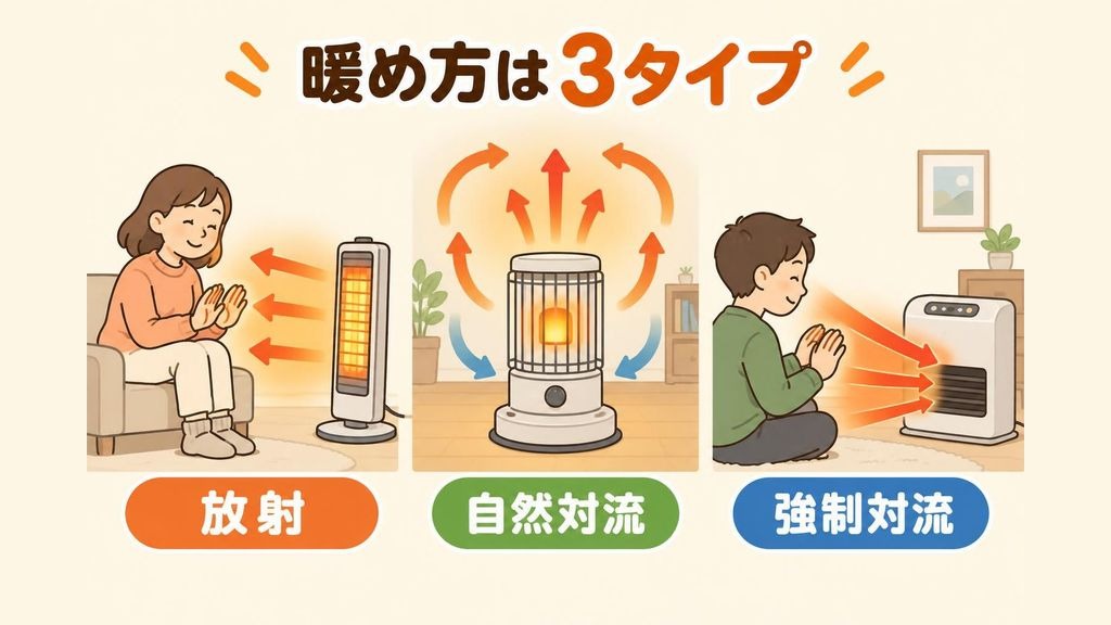暖房器具の暖め方3種類を横に並べて比べたイラスト。左は電気ストーブや反射式の石油ストーブから出た熱が前にいる人を直接温める放射、中央は丸い対流式の石油ストーブやオイルヒーターのまわりで暖められた空気がゆっくり上へのぼって部屋をめぐる自然対流、右はファンヒーターがファンで温風を前へ送り出す強制対流を矢印で示している