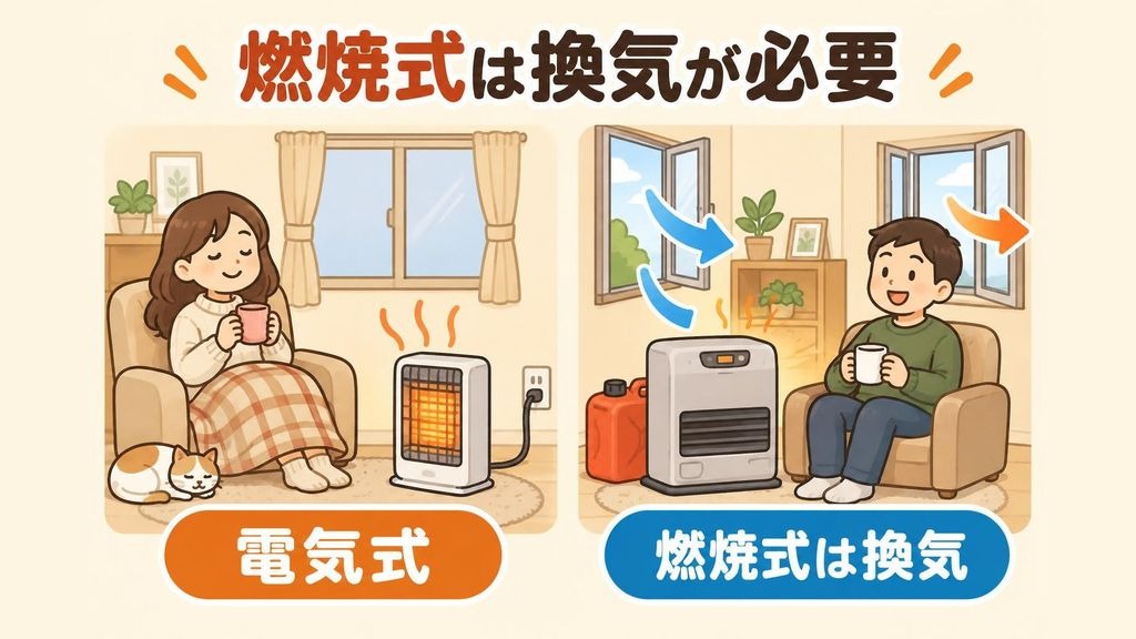 電気式と燃焼式の暖房器具の違いを左右に並べたイラスト。左はコンセントにつないだ電気ストーブの前で人がくつろぎ、窓は閉まったまま。右は石油ファンヒーターを使う部屋で、2か所の窓を開けて新しい空気が入り、部屋の空気が外へ出ていく流れを矢印で示し、そばに灯油のポリタンクとカートリッジタンクが置かれている