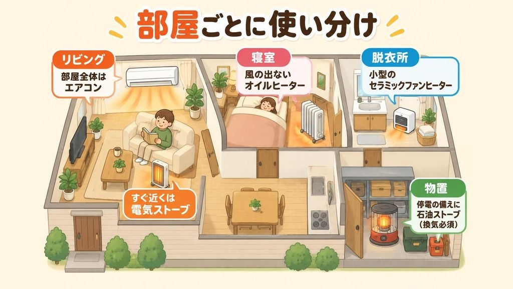 家の間取りのイラストで、場所ごとに暖房器具を使い分けている様子。リビングはエアコンで部屋全体を暖め、ソファの足元に小さな電気ストーブ、子ども部屋と寝室には風の出ないオイルヒーター、脱衣所には小型のセラミックファンヒーター、物置には停電に備えた電源のいらない石油ストーブがしまわれている