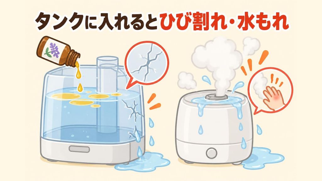 加湿器の水タンクの水面にアロマオイルの油が浮き、プラスチックのタンクの内側にひびが入って水がもれている様子と、スチーム式の蒸気口からお湯がふきこぼれている様子を並べた注意喚起のイラスト