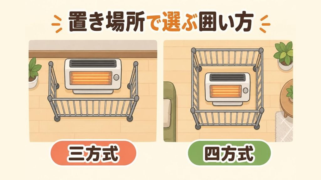 壁ぎわに置いたストーブを前と左右の三方向から囲む三方式のガードと、部屋の中ほどに置いたストーブを四方向すべて囲む四方式のガードを、上から見た図で並べて比べたイラスト
