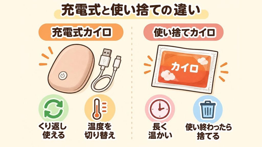 左に電源ボタンとUSBケーブルのついた充電式カイロ、右に袋入りの使い捨てカイロを並べ、充電式は充電してくり返し使えて温度を切り替えられること、使い捨ては開けると長く温かく使い終わったら捨てることを、アイコンで対比したイラスト