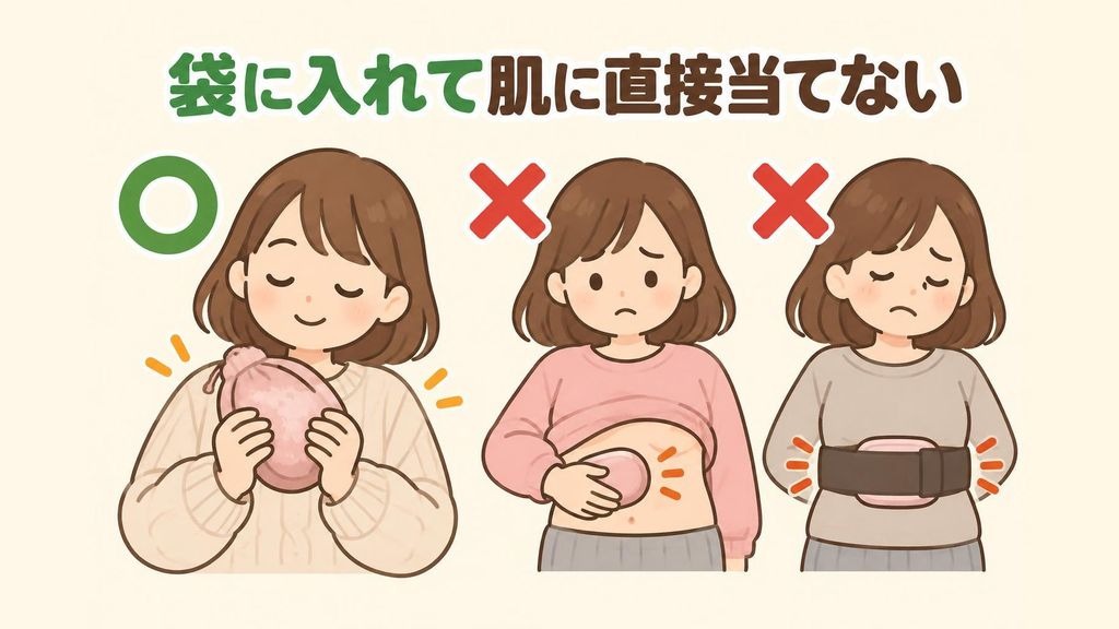 充電式カイロを付属の布の袋に入れて手で包むように持つ正しい使い方に丸印、本体を素肌のおなかに直接当てる使い方と、ベルトで体に押さえつける使い方にバツ印をつけて比べたイラスト