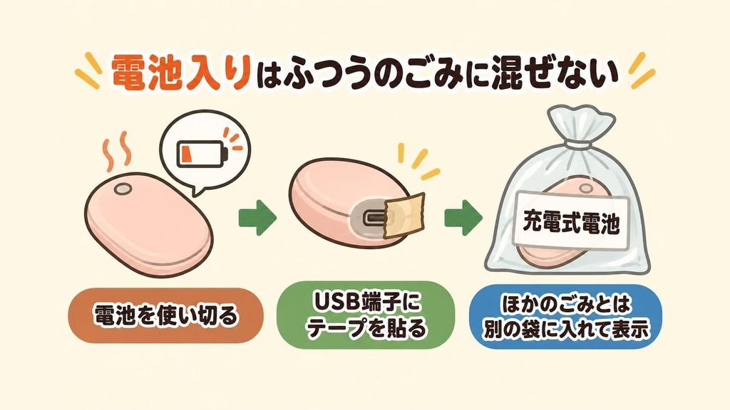 使わなくなった充電式カイロの電池をできるだけ使い切り、USB端子にテープを貼って絶縁し、ほかの燃えないごみとは別の袋に入れて充電式電池と書いて出す流れを、左から順に示したイラスト