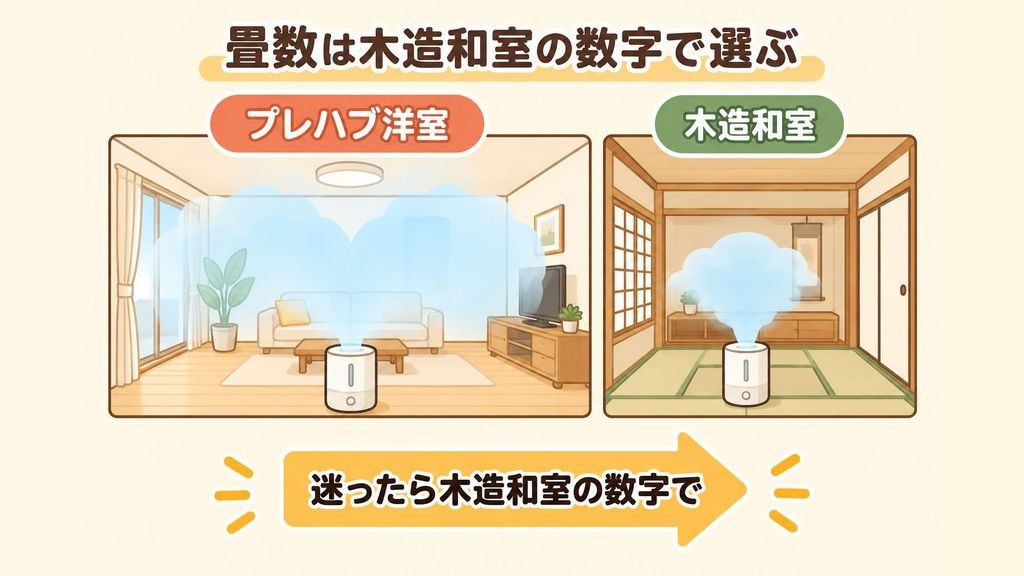加湿器の適用畳数の見方を説明するイラスト。同じ加湿器でも、断熱性の高いプレハブ住宅の洋室では広い部屋まで、木造住宅の和室では狭い部屋までしか加湿できないことを、2つの部屋を並べて大きさの違いで示し、迷ったら木造和室側の数字で選ぶことを矢印で示している