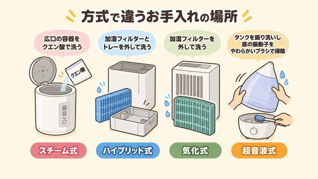 加湿器のお手入れの場所を方式ごとに比べたイラスト。ポット型のスチーム式は広口の容器をクエン酸で洗うだけ、ハイブリッド式と気化式は加湿フィルターとトレーを外して洗い、超音波式はタンクを毎日振り洗いして底の振動子をやわらかいブラシで掃除する様子を、4台を横に並べて示している