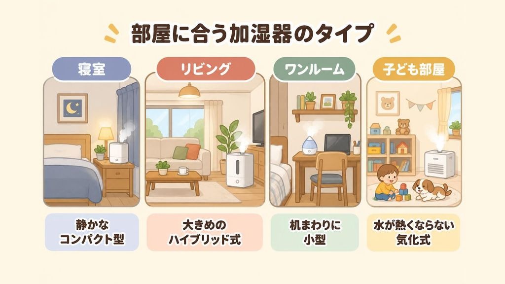 加湿器を使う場所ごとに合うタイプを示したイラスト。ベッドのある寝室には静かなコンパクト型のハイブリッド式、広いリビングには大きめのハイブリッド式、ワンルームの机まわりには小さなしずく型、小さな子どもがいる部屋には熱くならない気化式を置いた様子を、4つの部屋の断面図で並べている