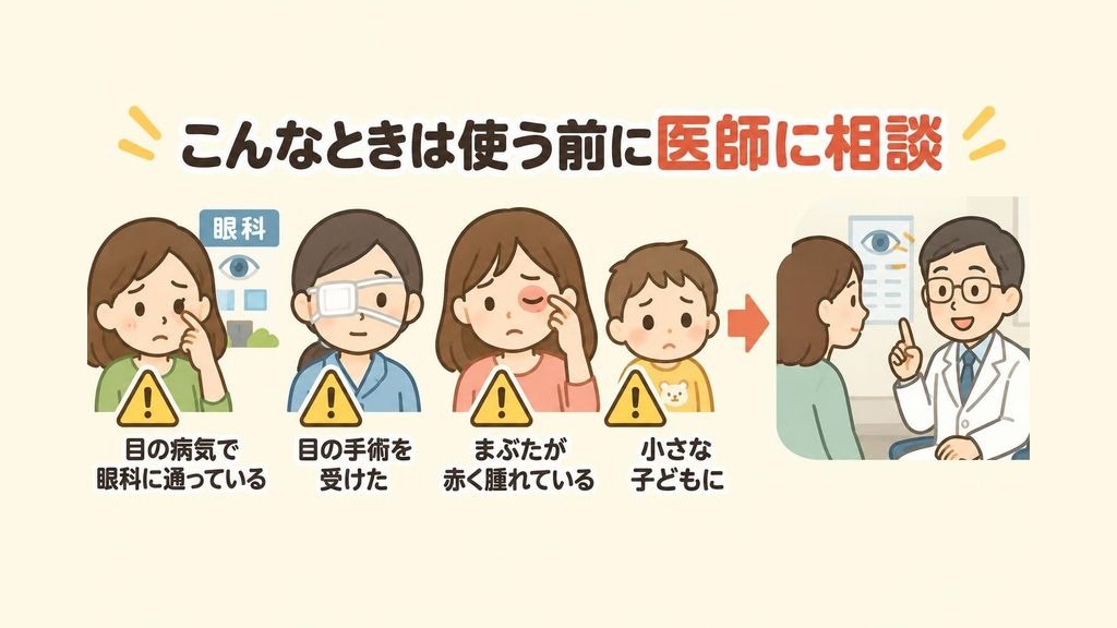 ホットアイマスクを使う前に確認したいケースを並べたイラスト。目の病気で眼科に通っている人、目の手術を受けた人、まぶたが赤く腫れている人、小さな子どもに注意マークがつき、眼科医に相談する様子を添えている