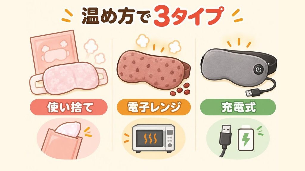ホットアイマスクの3つのタイプを横に並べて比べたイラスト。袋から出して使う使い捨ての蒸気タイプ、電子レンジで温めて繰り返し使うあずき入りのタイプ、USBケーブルで充電して繰り返し使う電気式タイプを、それぞれの温め方のアイコンと一緒に描いている