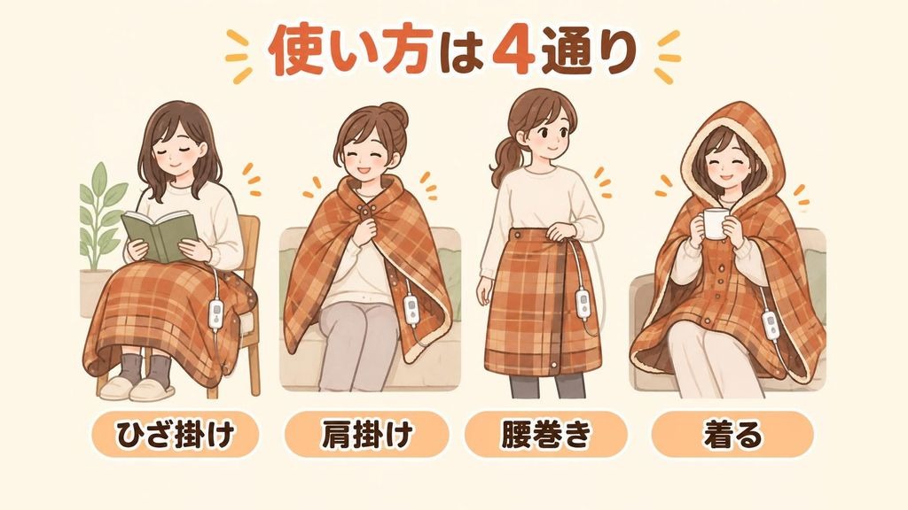 電気ひざ掛けのいろいろな使い方を並べたイラスト。椅子に座ってひざに掛ける、スナップボタンで留めて肩に羽織る、腰にスカートのように巻く、フード付きのタイプを頭からかぶって着る、の4通りを人物で描いている