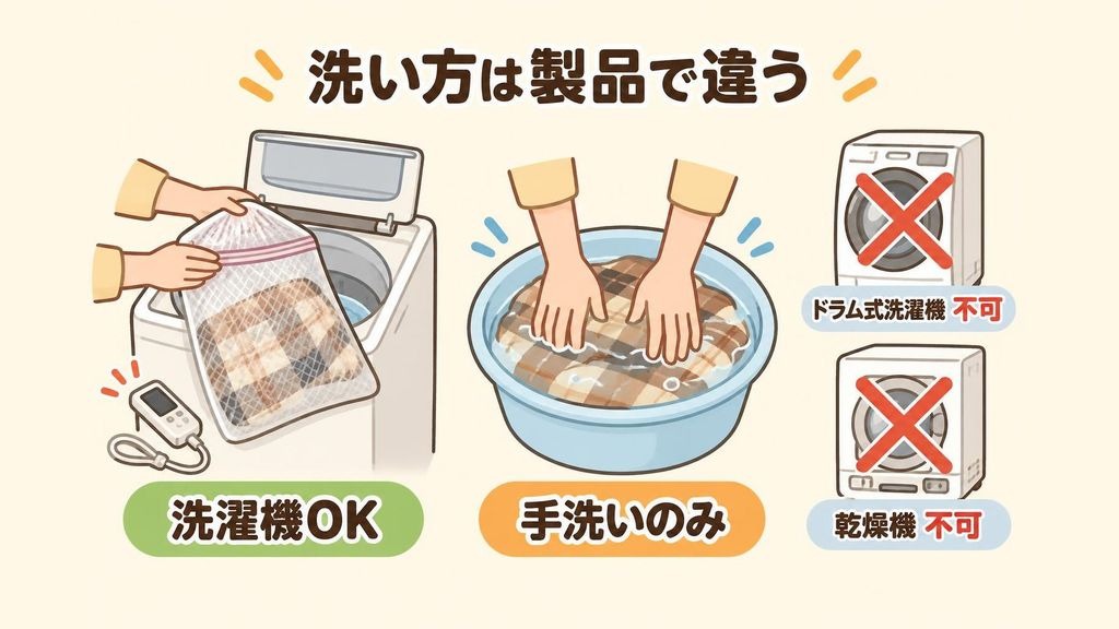 洗える電気ひざ掛けの2つの洗い方を比べたイラスト。左はコントローラーを外して洗濯ネットに入れ縦型洗濯機で洗う様子、右は洗面器やたらいの中で手のひらで押し洗いする様子で、ドラム式洗濯機と乾燥機にはバツ印が付いている
