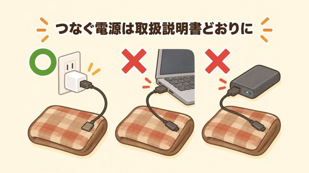USB給電の電気ひざ掛けの電源のつなぎ方を示したイラスト。付属のUSB-ACアダプターを壁のコンセントにつないだ正しい例に丸印、パソコンのUSB端子やモバイルバッテリーにつないだ例にバツ印が付いている