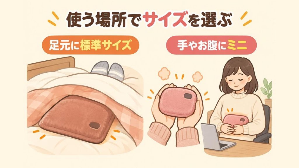 充電式湯たんぽのサイズの選び方を示すイラスト。左に大きめの湯たんぽを掛け布団の足元に入れている様子、右に手のひらほどの小さな湯たんぽを両手で包んだり、デスクに座った人がお腹に当てたりしている様子を並べている
