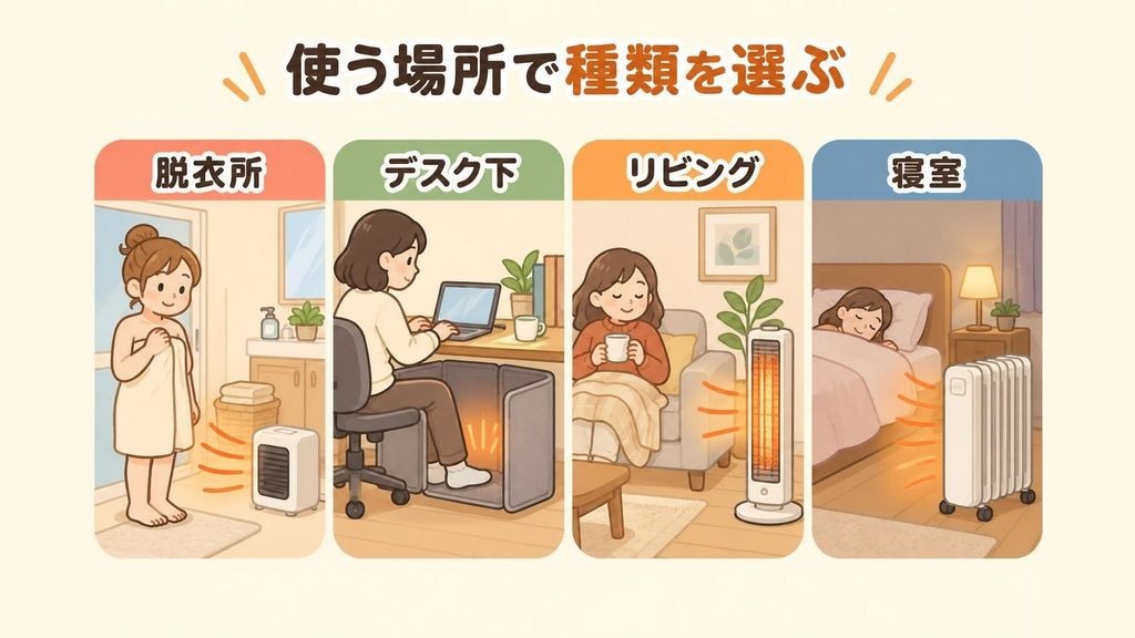 家の中の4つの場所で電気ヒーターを使い分けている様子を4コマで並べたイラスト。脱衣所では小さな白いセラミックファンヒーターから温風が出ている、デスクの下では折りたためるパネルヒーターが足元を囲んでいる、リビングではソファの横に置いた縦長の遠赤外線ストーブが座る人を温めている、寝室ではベッドから離して置いたオイルヒーターが静かに部屋を暖めている