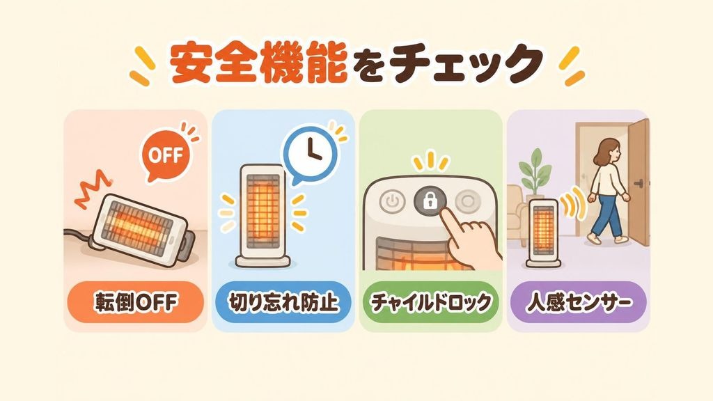 電気ヒーターの安全機能を4つのアイコン風イラストで並べた図。倒れたヒーターの電源が自動で切れる転倒OFF、時計のマークで一定時間後に電源が切れる切り忘れ防止、操作ボタンに鍵のマークがついたチャイルドロック、人が部屋を出ていくとヒーターが運転を弱めて止まる人感センサー
