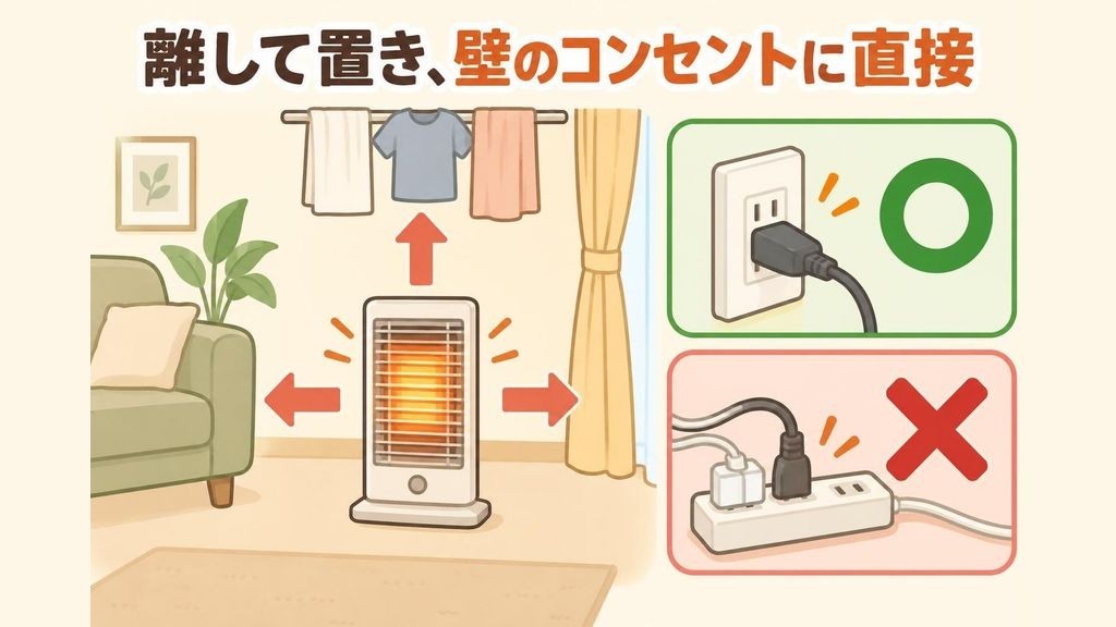 電気ストーブの前方と上方に、カーテンやソファ、干した洗濯物から離して広い空間をあけている様子と、電源プラグを延長コードやテーブルタップを使わずに壁のコンセントへ直接差している様子を並べたイラスト。延長コードにつないだ例にはバツ印がついている