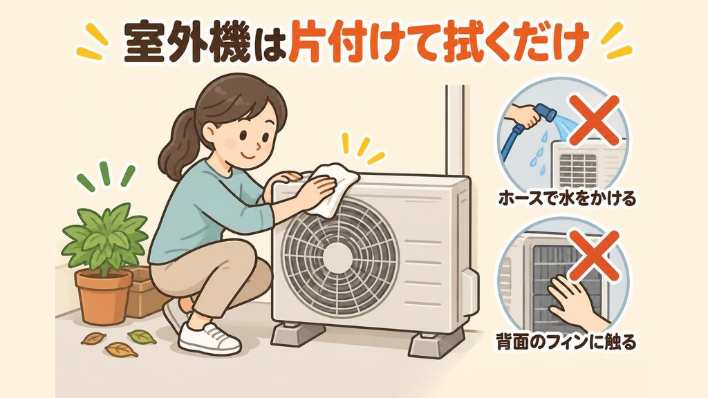ベランダの室外機のまわりから植木鉢や落ち葉を片付け、乾いた布で室外機の表面を拭いている様子のイラスト。背面の金属のフィンには手を触れず、ホースで水をかけることにはバツ印がついている