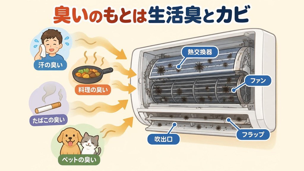壁掛けエアコンの断面図風のイラストで、前面のフィルターの奥にある熱交換器、筒状のファン、吹出口までの風の通り道、風向きを変えるフラップに黒っぽいカビの点が付いている様子と、部屋の汗・料理・たばこ・ペットの臭いが吸い込まれていく様子を描いたもの
