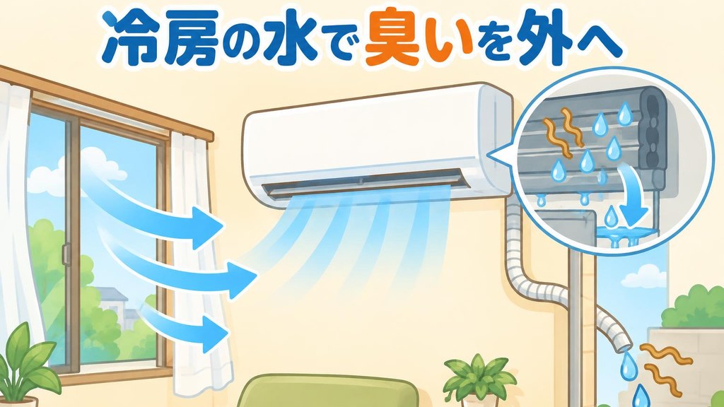 窓を開けた部屋で壁掛けエアコンを冷房運転し、エアコンの中の臭いが水滴と一緒に流れて屋外のホースから出ていき、部屋の空気が窓から入れ替わっていく様子のイラスト