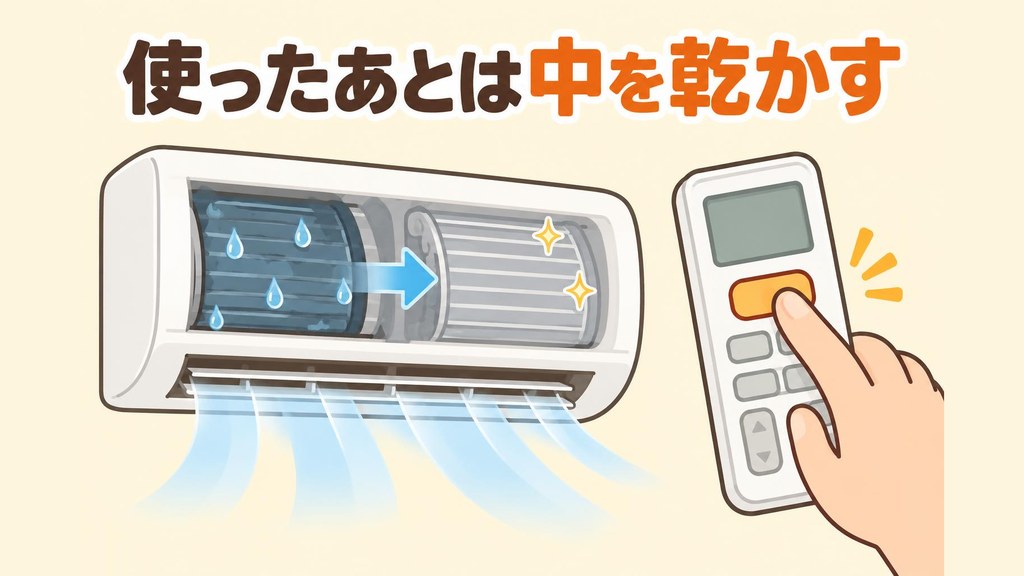 冷房を止めたあとの壁掛けエアコンが送風で内部を乾かしていて、エアコンの中の水滴が消えていく様子と、リモコンの内部クリーンのボタンを1回だけ押す手を描いたイラスト